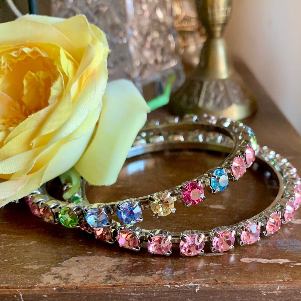 Two SZ LG Rhinestone Bangles Pink & Multicolor NEW